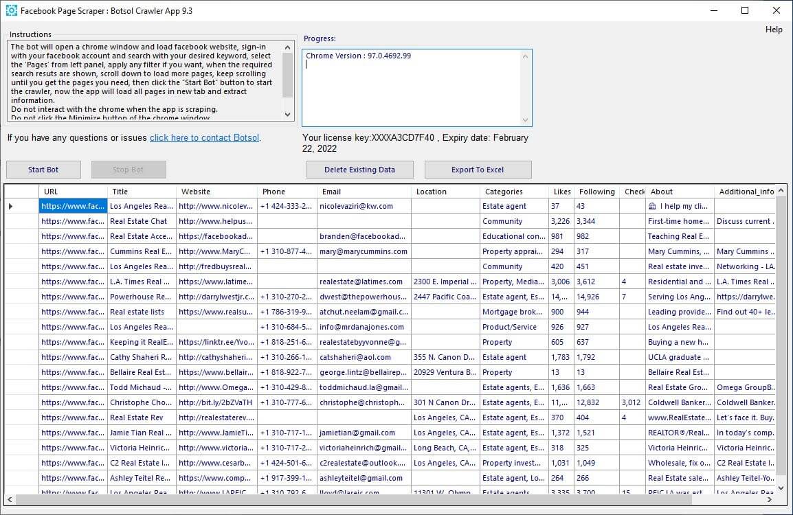 this image of the Facebook page scraper shows the extracted information from Facebook pages